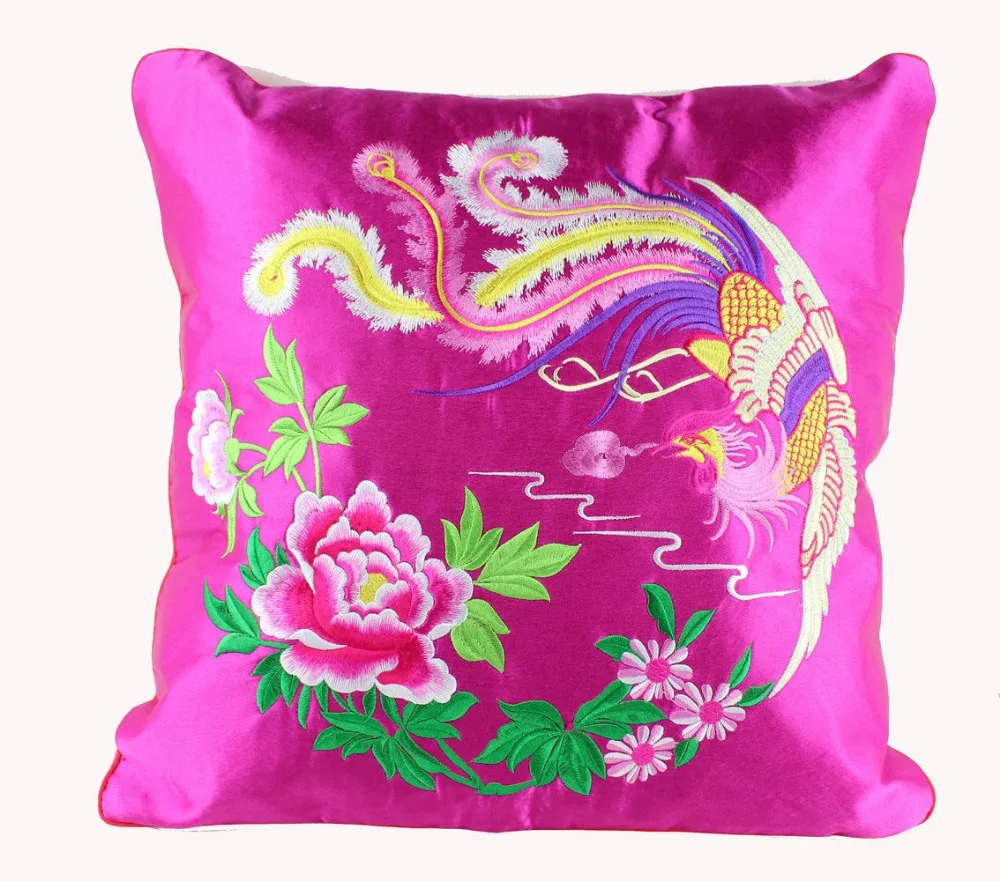 45*45cm Chinese Classic Silk Embroidered Phoenix&Peony Handmade fuchsia