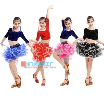 

Adult Child Latin dance costume velvet top+gauze skirt 2pcs for Adult children latin dance competition sets S-4XL