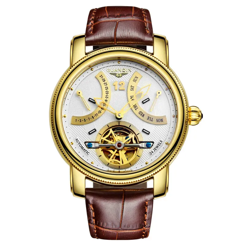 GUANQIN, новинка, роскошные брендовые автоматические механические часы, мужские водонепроницаемые светящиеся часы с календарем, кожаные золотые наручные часы - Цвет: Gold White