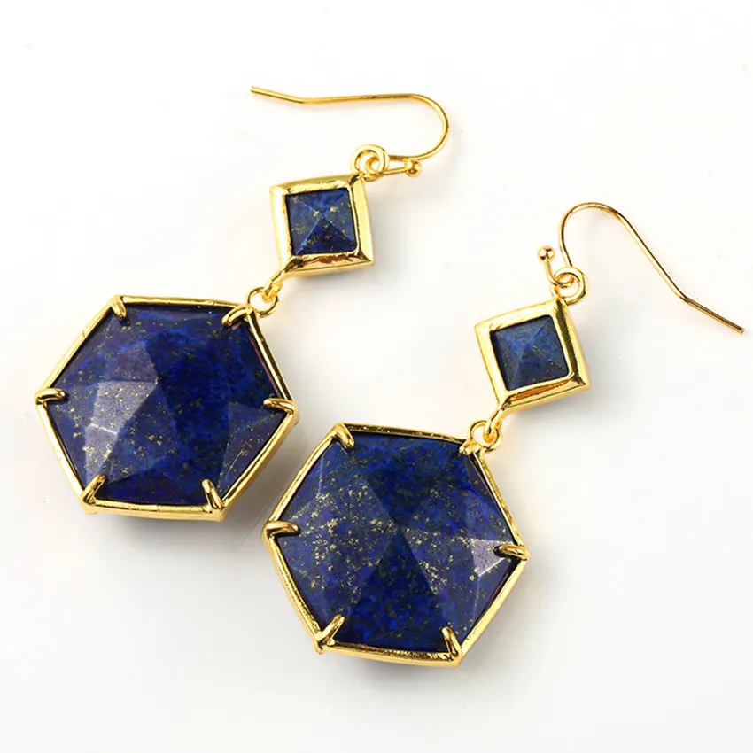 

100-Unique 1 Pair Light Yellow Gold Color Lapis Lazuli Earrings Hexagon Rhombus Elegant Women's Earrings Anniversary Gift