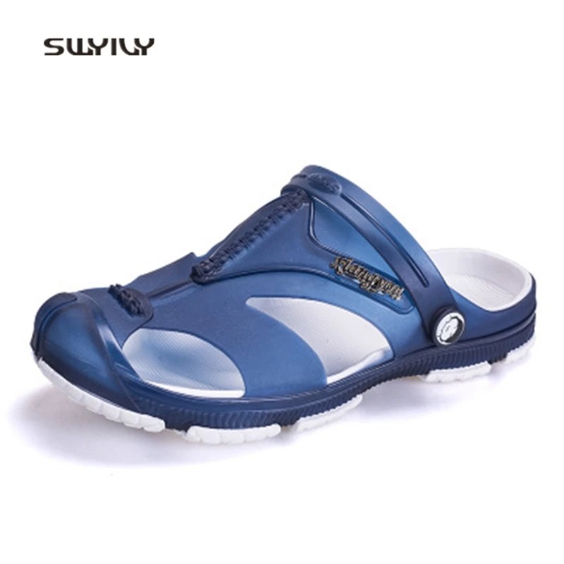 SWYIVY Men Wading Shoes Breathable Hole Aqua Sandals 2018 Summer Jelly Flat Heel Male Beach Shoes Quick-drying Men Water Slipper