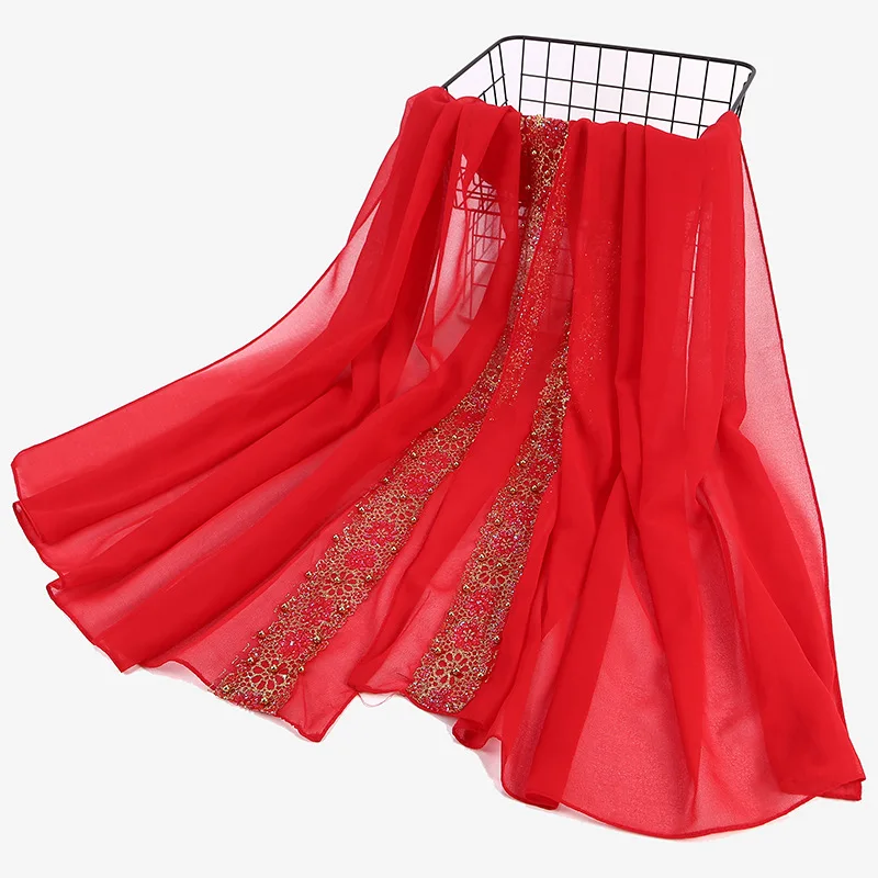 

2019 Luxury Lace Pearl Scarf for Ladies Muslim Gold Glitter Chiffon Hijab Scarfs Winter Designer Scarves Shawl Bufanda Mujer