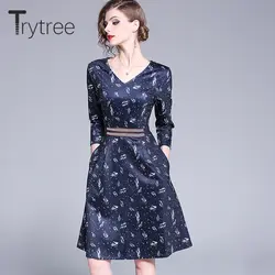 Trytree сезон: весна–лето платье Элегантные линии Для женщин карманов три четверти печати темно-платья, v-образным вырезом до колен Длина