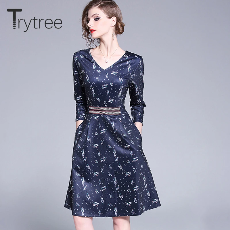 

Trytree Spring Summer Dress Elegant A-line Women Pockets Three Quarter Print Navy dresses Lanon V-Neck Knee-Length Empire Dress