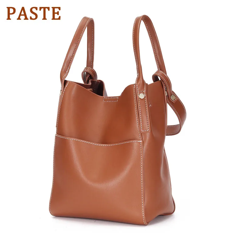 

2019 New Luxury Women Shoulder Genuine Leather Fashion Bucket Handbag Female Large Capacity Crossbody Shopping Bag Brown Purse