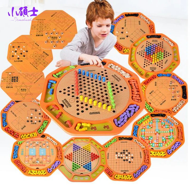 

12 in 1 Checkers Multi-function Wooden Chess Checkers Kids Child Educational Game Parent-child Interaction Puzzle Flight Chess