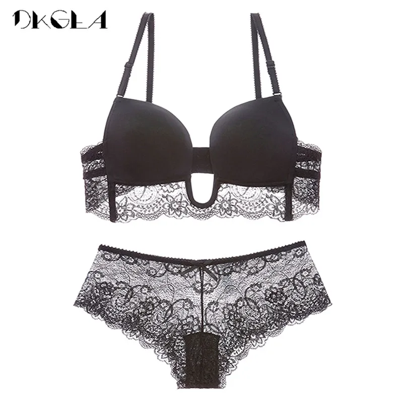 

Hot Sexy Bra Set Push Up Women Lingerie U Plunge Bras Lace Underwear Set Wire Free Brassiere Deep V Bra and Panties Sets Black