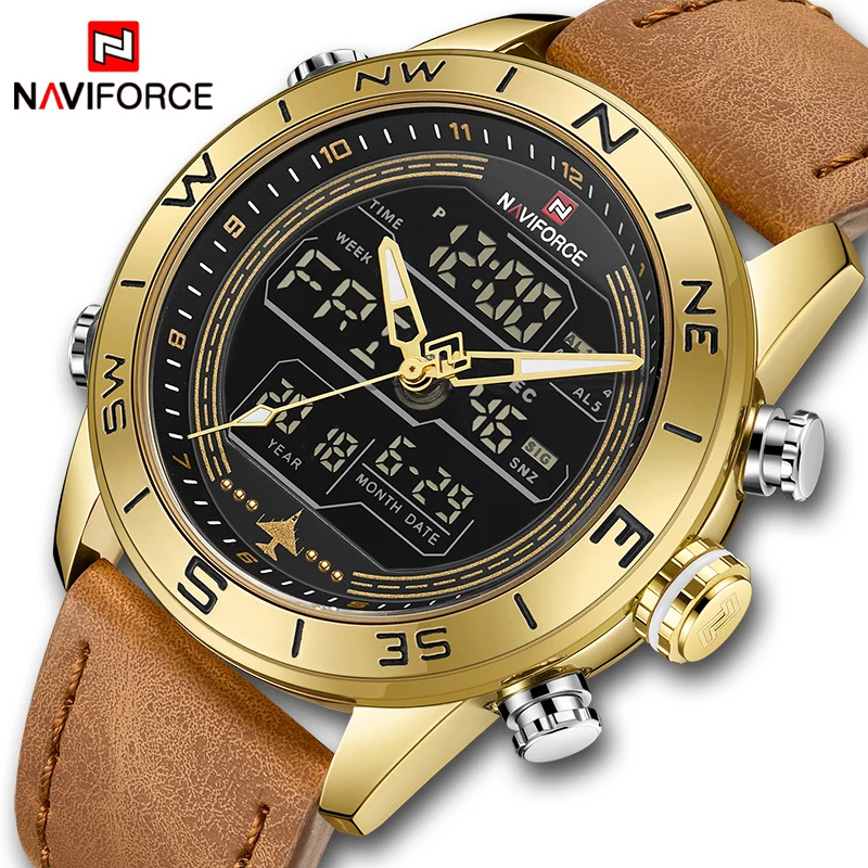 NAVIFORCE 9144 мужские модные золотые спортивные часы для мужчин s светодиодный цифровой кварцевые часы армейские военные кожаные аналоговые часы Relogio Masculino