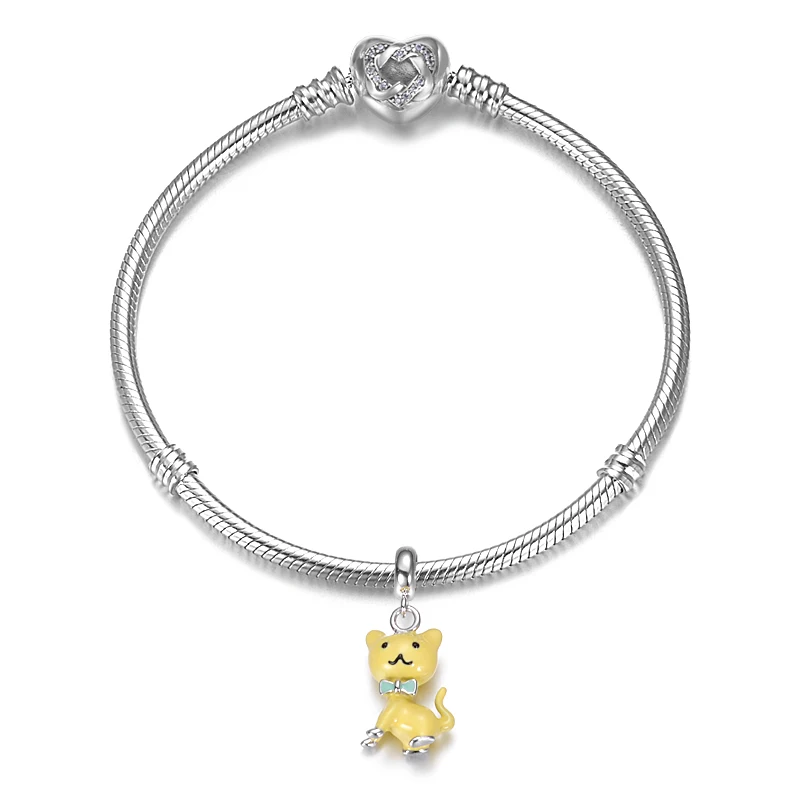 

Spring and Summer new beautiful style Bright yellow lovely cat design 925 sterling silver snake bracelets with heart clasp