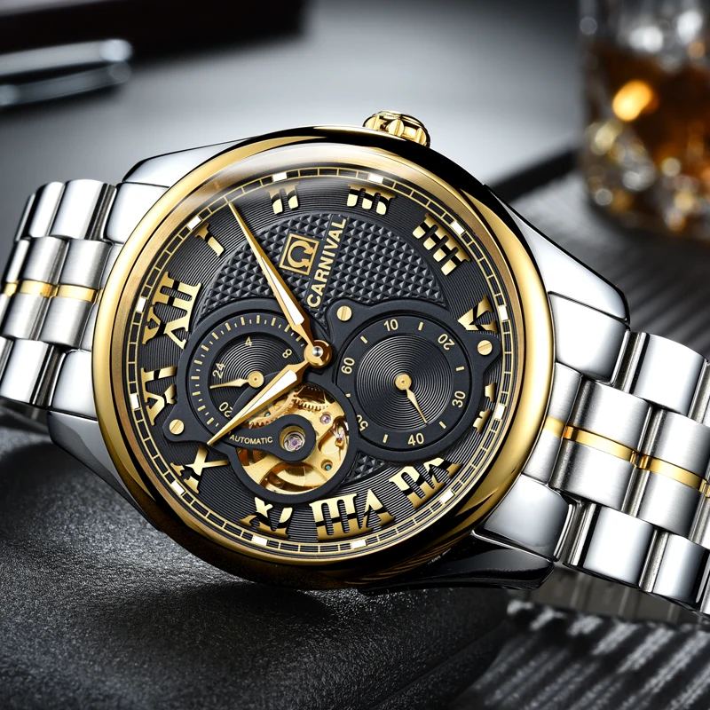 

Carnival Hollow Out Watch Men Mechanical Stainless Steel Roman Dial Luminous Waterproof Male Tourbillon Business Wristwatch
