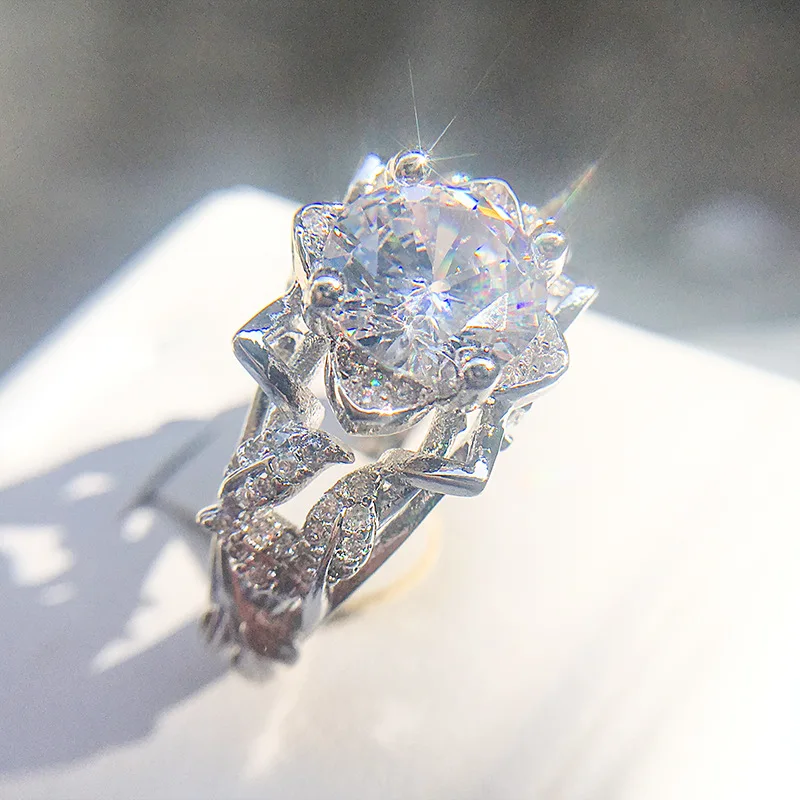 

Rose Flowers Finger Rings 925 sterling silver Rings For Women Crystal Middle Ring Fashion Jewelry Wholesale Dropshipping