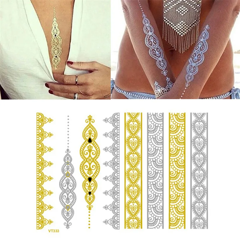 

ATMOUS Non-toxic Waterproof Temporary Tattoo Gold Silver Women Hot Metallic Taty Design Tattoo Sticker for Women Men