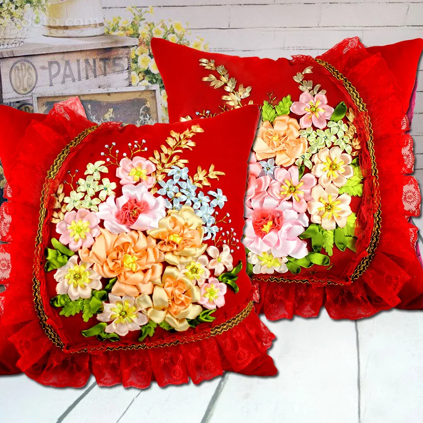 3D незавершенные ленты наборы вышивки ручной работы Наборы для вышивания, свадебная красная подушка с цветами крышка 45*45 см