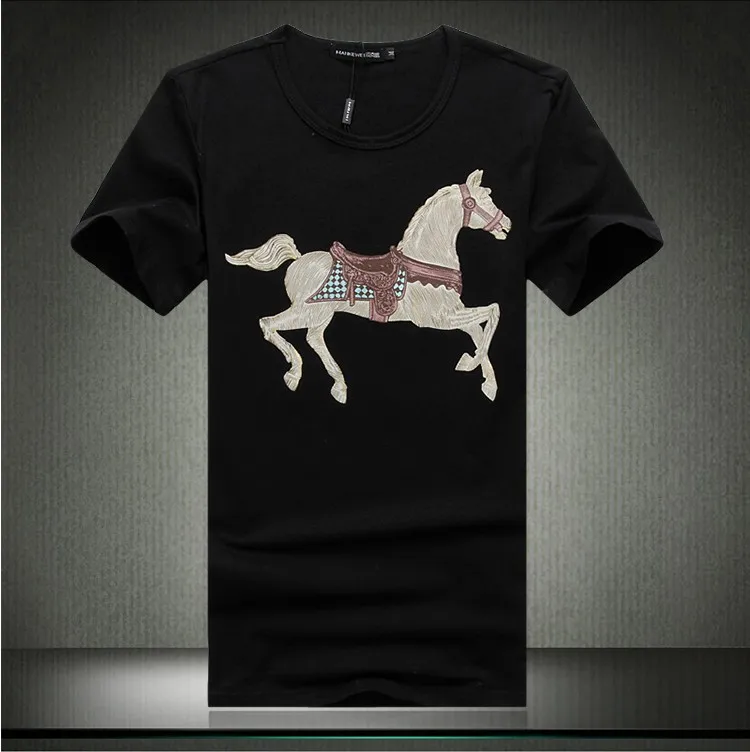 High quality ! L-5XL Cotton 2014 Summer New Good Design Fashion Casual Golden Horse pattern Short Sleeve T shirts Tops&ampTees C003 | Мужская