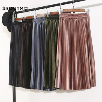 

SEDUTMO 2018 Winter Pleated Skirts Women High Wiat Velvet Skirt Spring Midi Black Vintage Gray Corduroy Tutu Skirt ED046