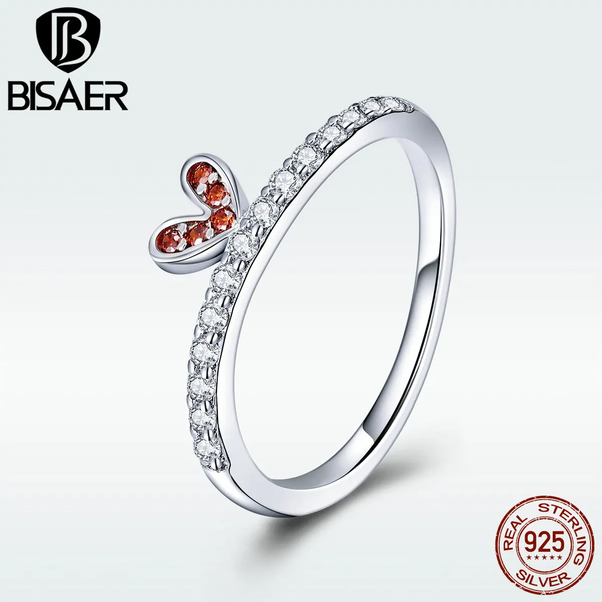 

BISAER Silver Ring 925 Sterling Silver Clear CZ Red Heart Cute Finger Rings for Women Silver Fashion Jewelry Girl Gift GXR419