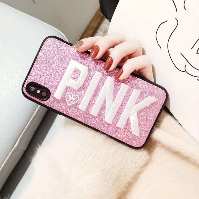 

3D Retro Embroidery Letter PINK Words Soft TPU Case For Iphone X 6 6s 7 8 Plus i6 i6s i7 i8 Glitter Cover Fashion