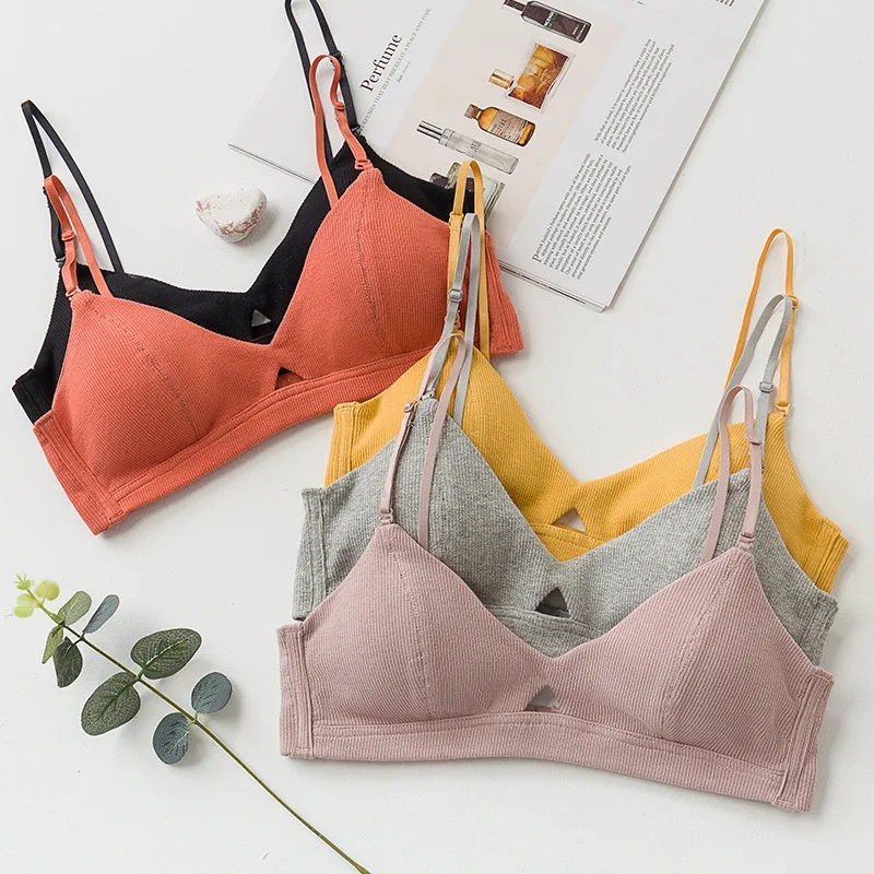 

New Arrival Ribbed Cotton Bra Adjustable Shoulder Sexy Hollow-out Bralette Back Closure Sweaty Breathable Summer Bras Underwear