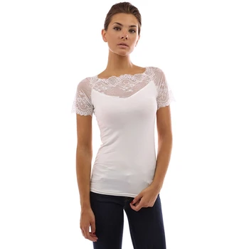 

Women Solid Color V Neck Casual Top Summer Sexy Lace Sleeve T-Shirt