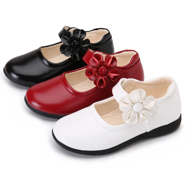 Red White Girls Flowers Children PU Leather Single Shoes For Teens ...