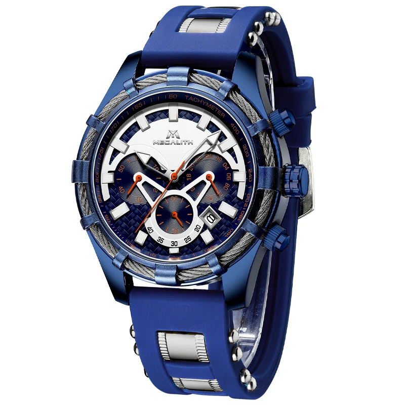 

MEGALIT 2019 Sports Male Watch Timer Men Blue Rubber Quartz Daily Watches Waterproof Date Calendar Wrist Watches For Men Clock