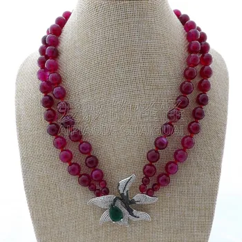 

N080112 18"-19'' 2 Rows Fuchsia Stone Necklace CZ Flower Pendant