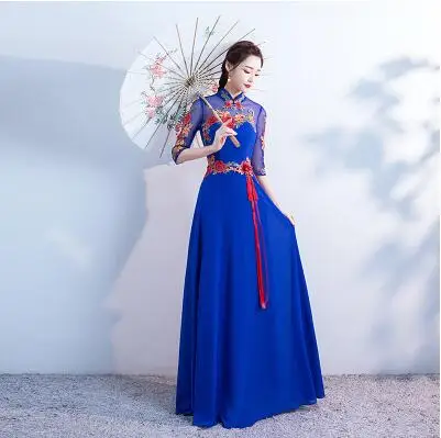 Роскошное Королевское синее вечернее платье со шлейфом для невесты, свадебное платье Cheongsam, Китайские Восточные платья - Цвет: Синий
