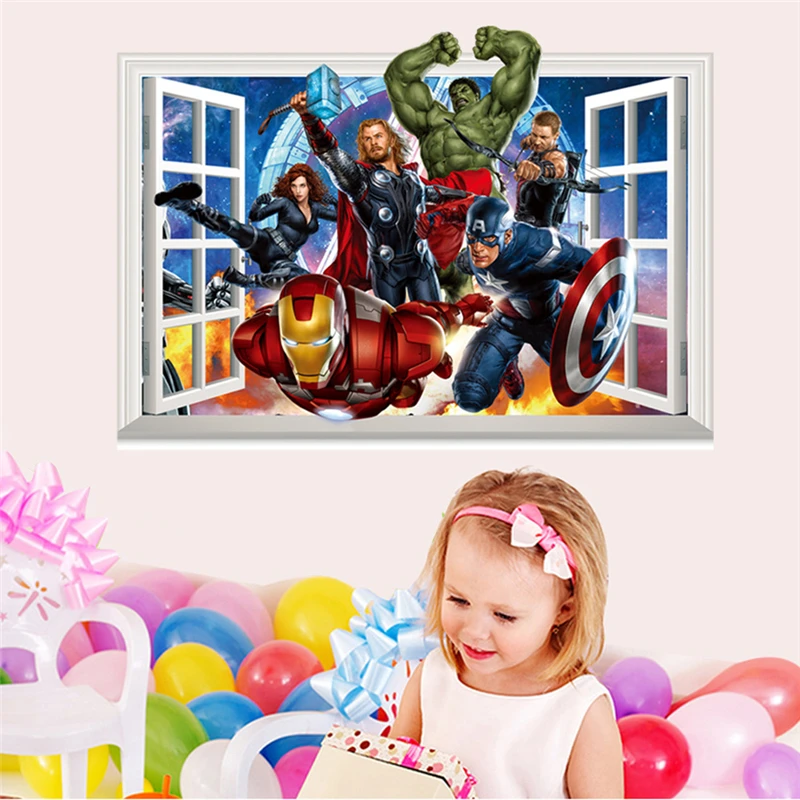 

3d Effect Fake Window Wall Stickers For Kids Rooms Baby Nursery Room Decor Cartoon Avengers Wall Decal Pvc Mural Art Diy Poster