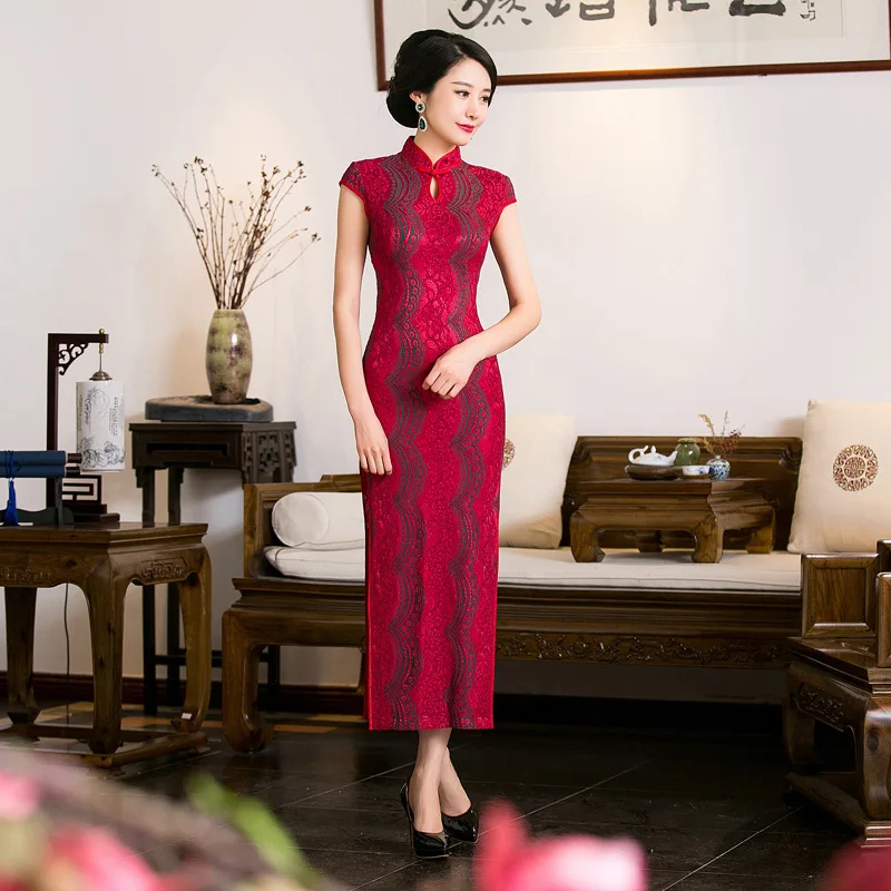 Красный Для женщин праздничное платье Кружева Cheongsam Qipao китайской традиции вечернее платье наивысшего качества Размеры размеры S M L XL 3XL