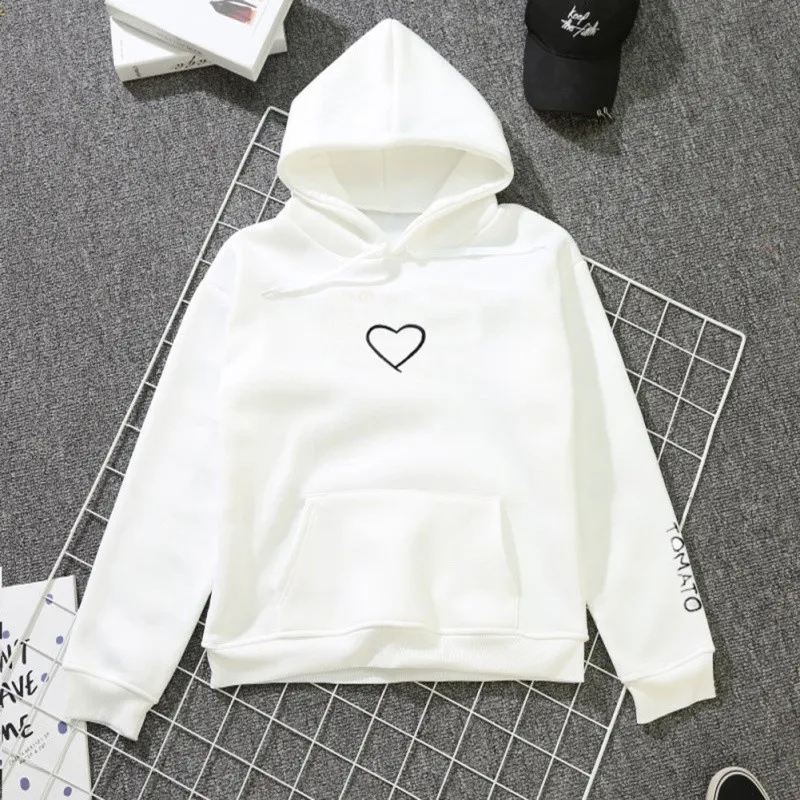  2018 Korean Hooded Sweatshirts Heart Print Hoodies Simple Design Loose Pullover Harajuku Style Love