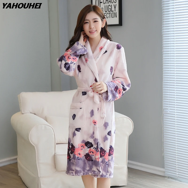 

2019 New Winter Thick Warm Print Flannel Kimono Robes Women Long Sleeve Coral Velvet Bathrobe Sleepwear Lounge Homewear Clothing