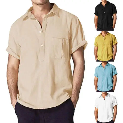 

Summer Newest Fashion Causal Mens' Short Sleeve V-neck Muscle Linen Casual Tops Loosen Shirts Summer Casual Men Solid Clothing
