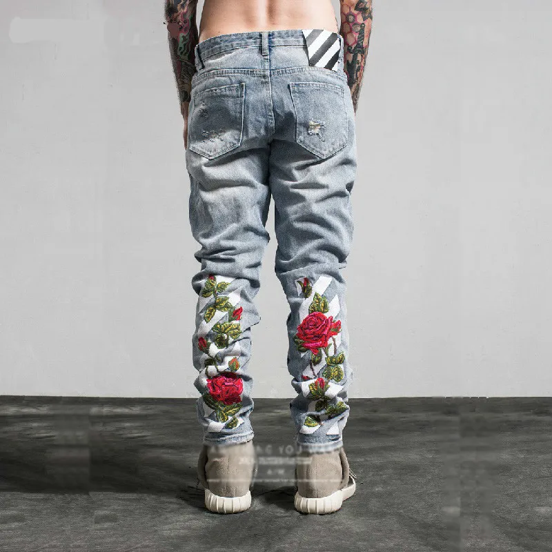 

Embroidery Jeans Hole Metrosexual Straight Destroyed Jeans Brand Casual Slim Ripped Jeans Roses Print Men's Trousers Denim