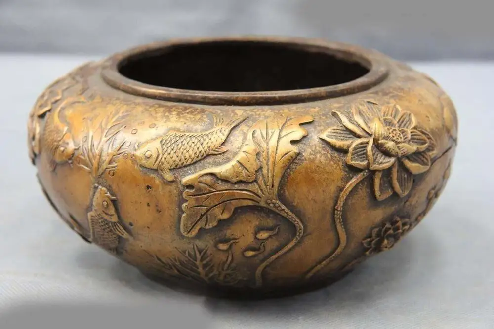 

China Folk Copper Bronze Auspicious lotus flower Fish censer Bottle Pot jug Tank SD 506