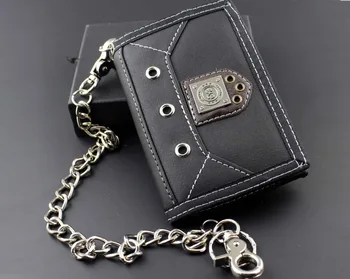 

Mens Teen Steel Biker Style Canvas Trifold Leahter Wallet Purse With Chain