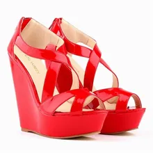 LOSLANDIFEN Women Pumps Patent Platform Peep Toe Wedges 14cm High Heel Shoes Women Wedding Shoes EUR35-42 391-1 FREE SHIPPING