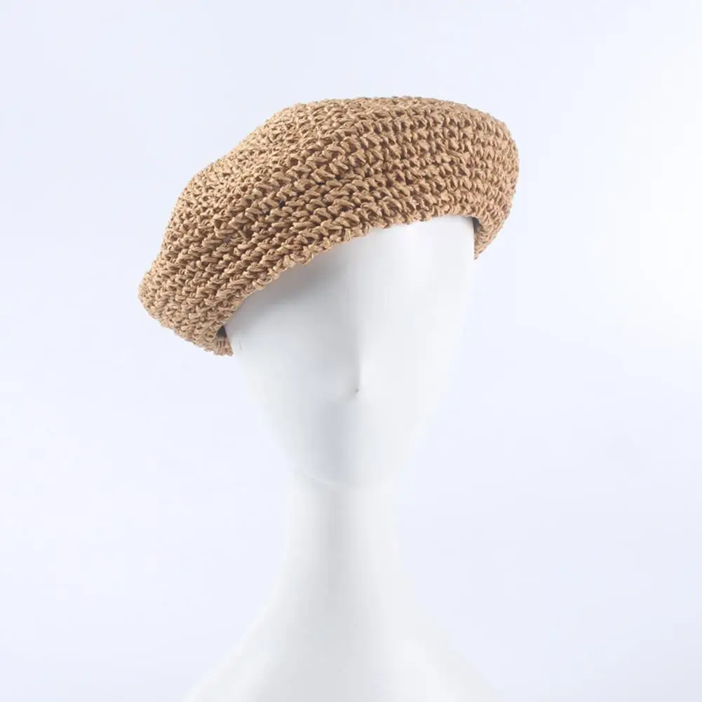 New Women's Beret Spring And Summer Hat Straw Beret Breathable Adjustable Retro Literary Solid Color Painter Hat - Цвет: Khaki