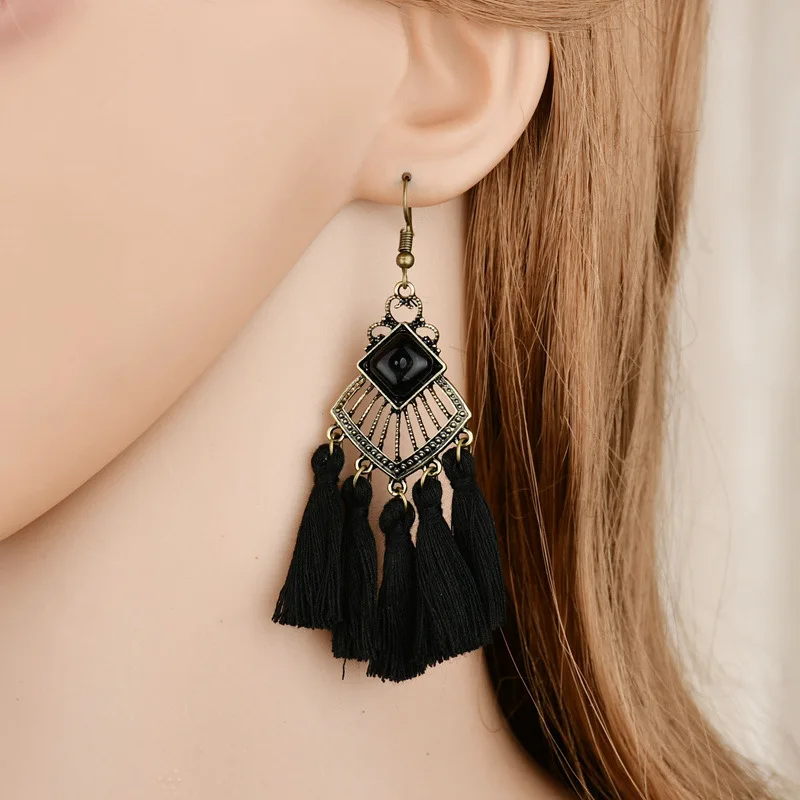 National Wind Vintage Cotton Long Tassel Ms. Earrings Accessories