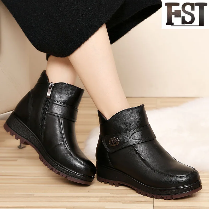 

FSJ Genuine Leather Shoes Ladies Woman Boots Round Toe Hook&Loop Ankle Shearling Winter Sewing Mature 2019 Sheep Fur Warm