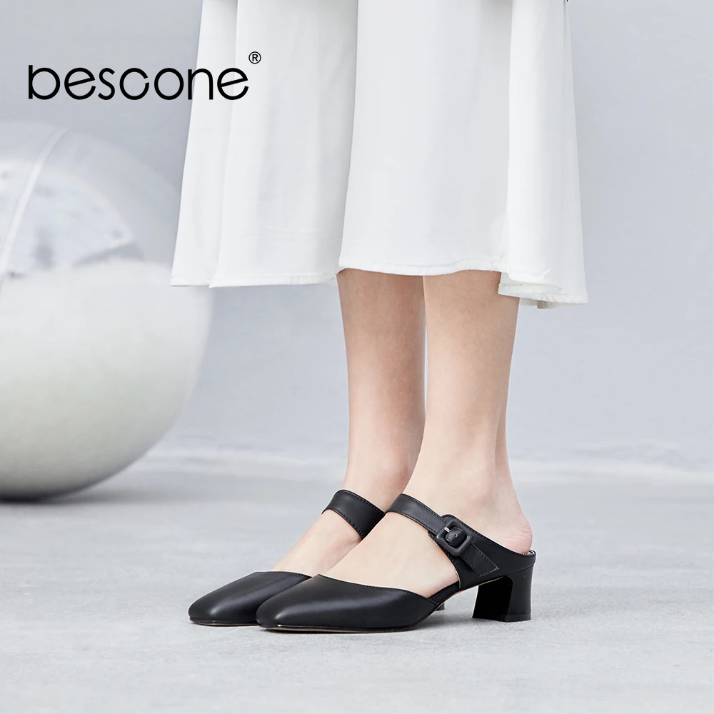 

BESCONE Genuine Leather Mules 2019 Spring Buckle Mid Heels Square Toe Dress Casual Shoes For Women Hot Sales Female Pumps BO87