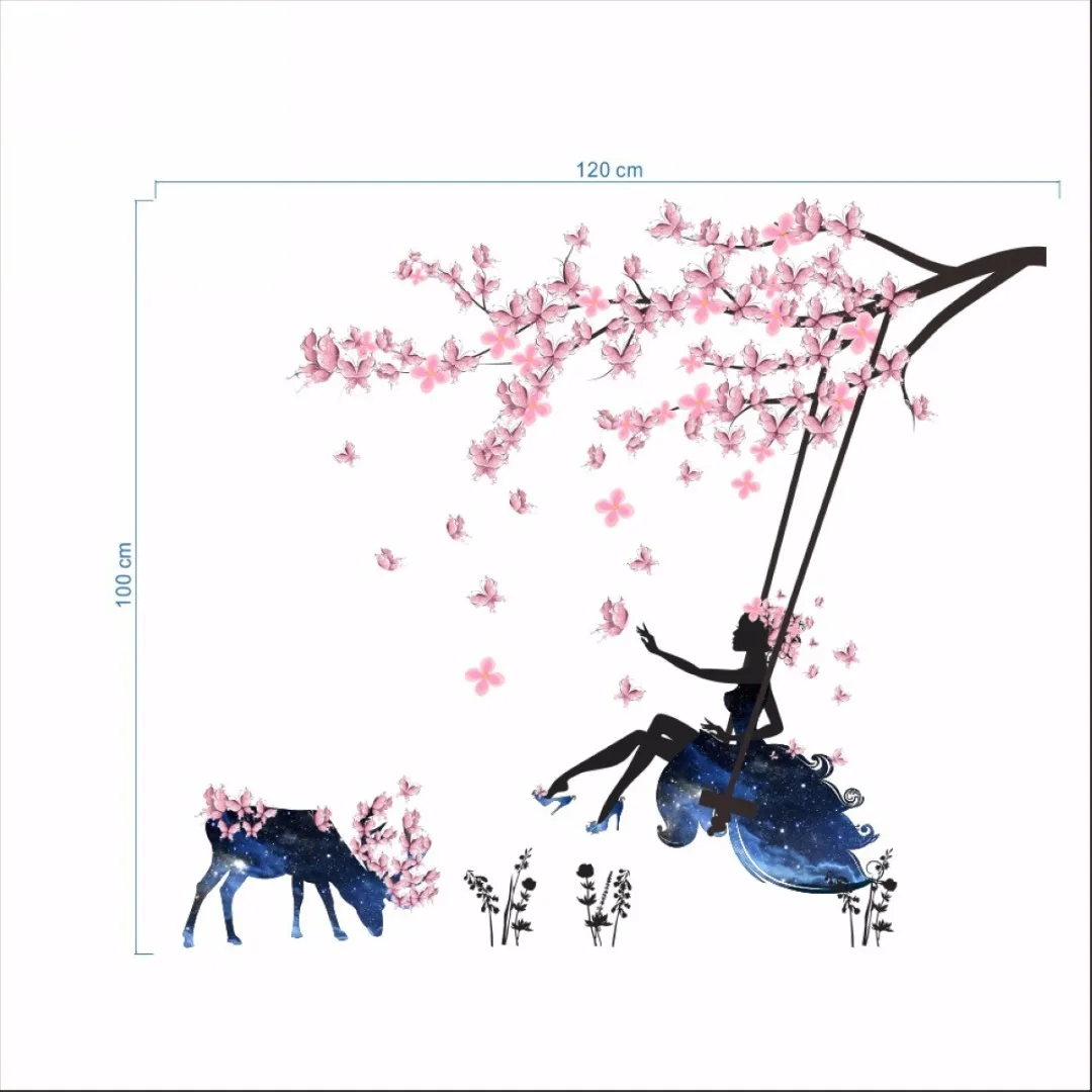 Beautiful Flower Fairy Tree Wall Sticker Decals Wing Moon Butterfly Girls room Decor Flower Fairy Sitting Vines Wall Decals Gift