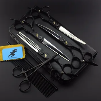 

4*7.0 inch black paint handle pet scissors flat shear bending scissors thinning scissors set to send pet comb + pliers