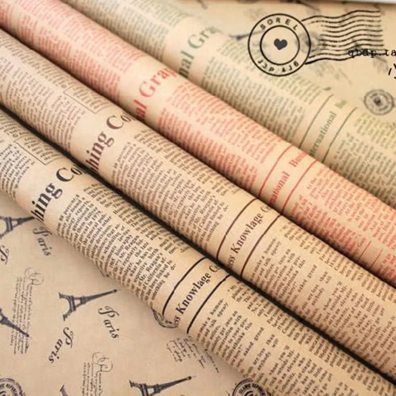 

10pcs/lot Kraft Paper Flower Wrapping Paper Gift Wrapping Paper Packaging Materials for the Holiday Vintage English Newspaper