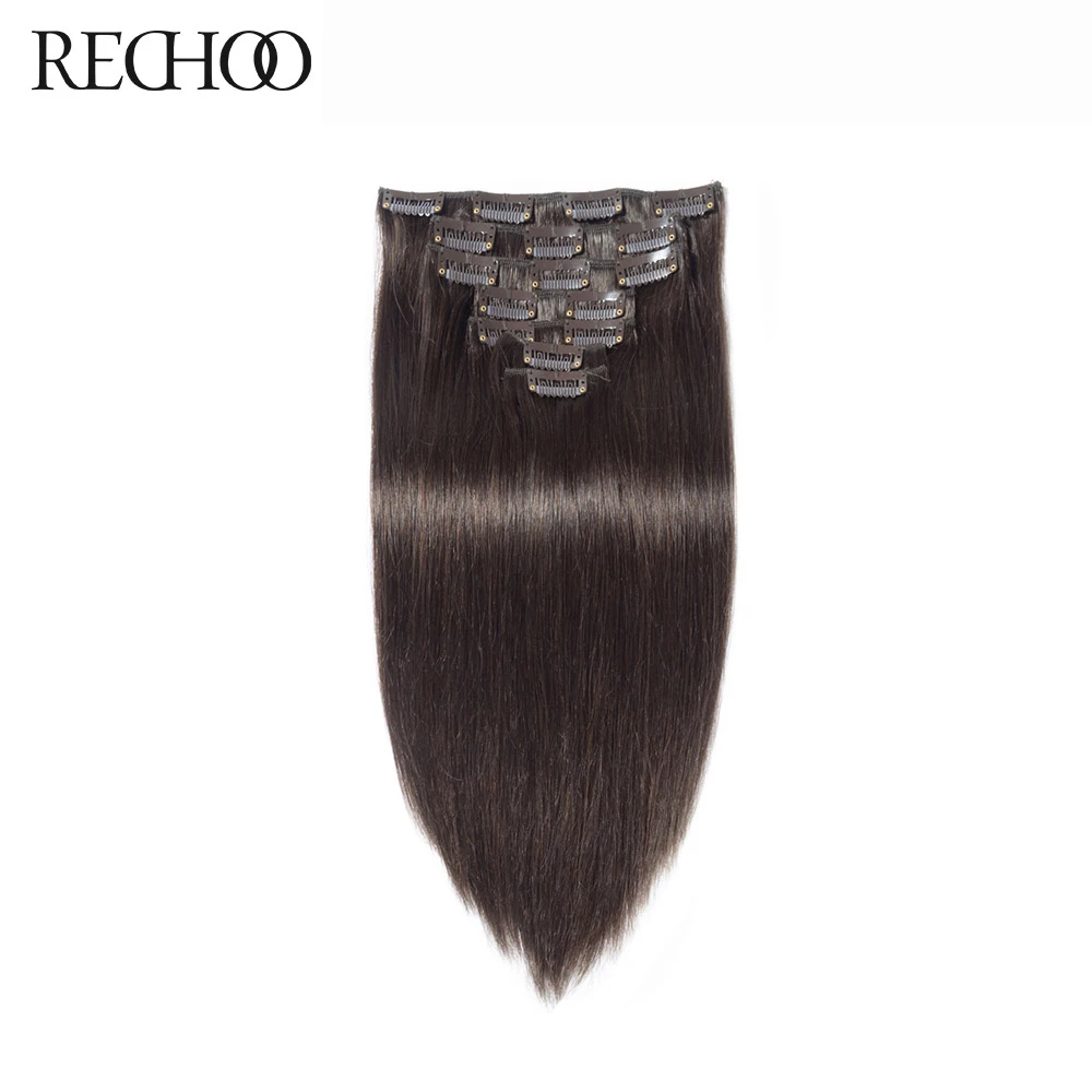 Rechoo Machine Made Remy Straight Clip In Human Hair Extensions 100G 120G 100% Human Hair Clips In #2 Dark Brown Color 18\