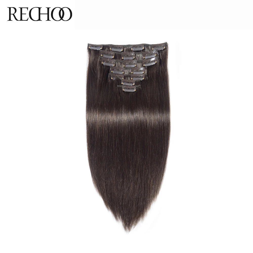 

Rechoo Non-Remy Peruvian Straight Clip In Human Hair Extensions 140 Gram 100% Human Hair Clips In #2 Darkest Brown Color