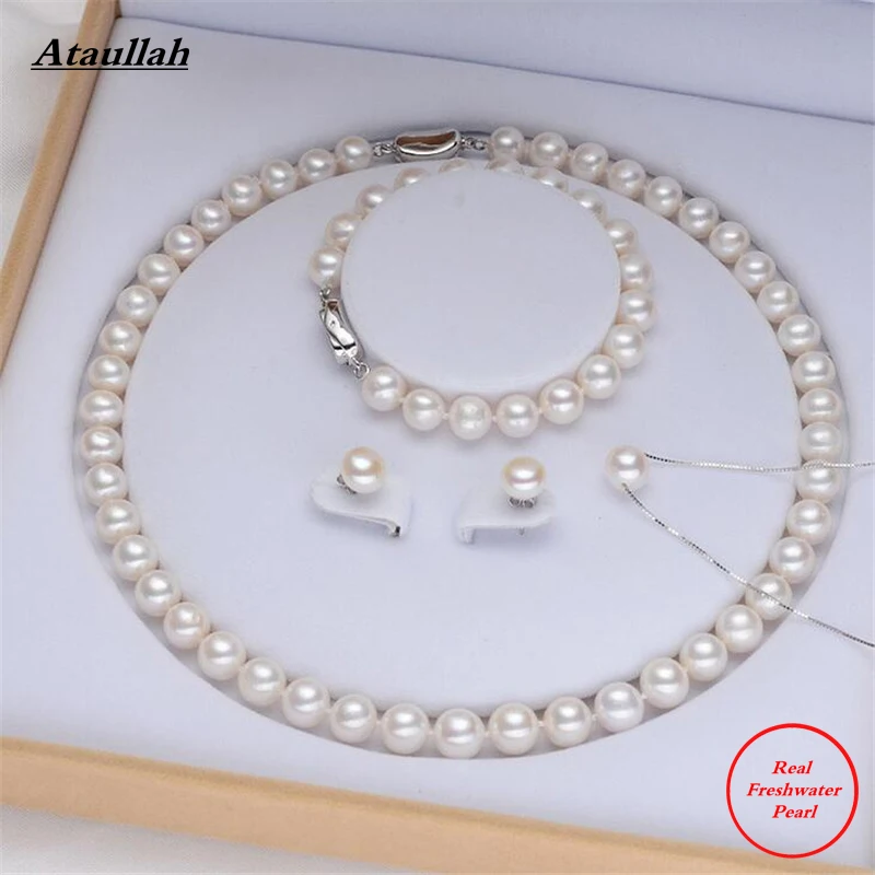

Ataullah 9-10MM Natural Freshwater Pearls Maxi Statement Necklace +Bracelet+Earring Jewelry for Women Collier Colar NFP003
