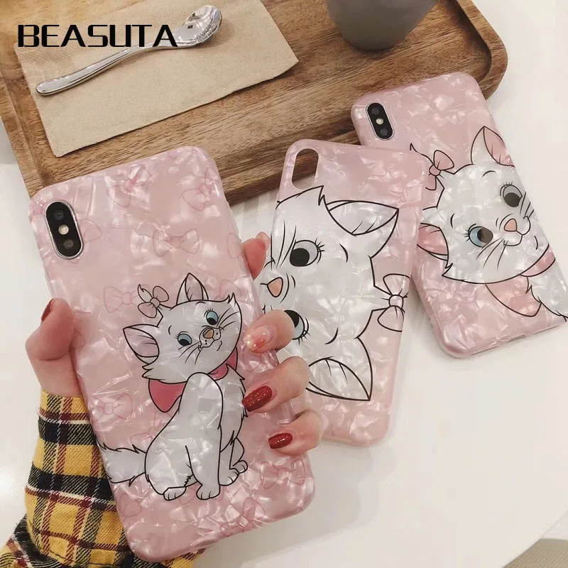 

Cute Pink Marie Cat Case For iPhone 6 6S 7 8 Plus Matte Frosted TPU Conch Shell Case for iPhone XS MAX XR X S Back Cover Coque