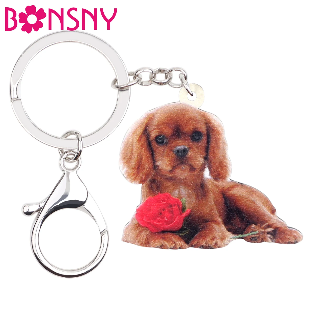 

Bonsny Acrylic Flower Cavalier King Charles Spaniel Dog Key Chains Keychains Cute Animal Jewelry For Women Girls Car Charms Gift