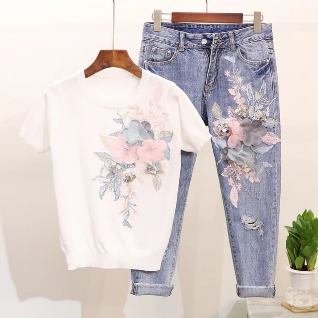 Best Price 2018 Autumn Women Embroidery Sequins Flower Short Sleeve Pullover Sweater + Hole Jeans Two-piece Suit Student Denim Pants Sets Best Price 2018 Autumn Women Embroidery Sequins Flower Short Sleeve Pullover Sweater + Hole Jeans Two-piece Suit Student Denim Pants Sets