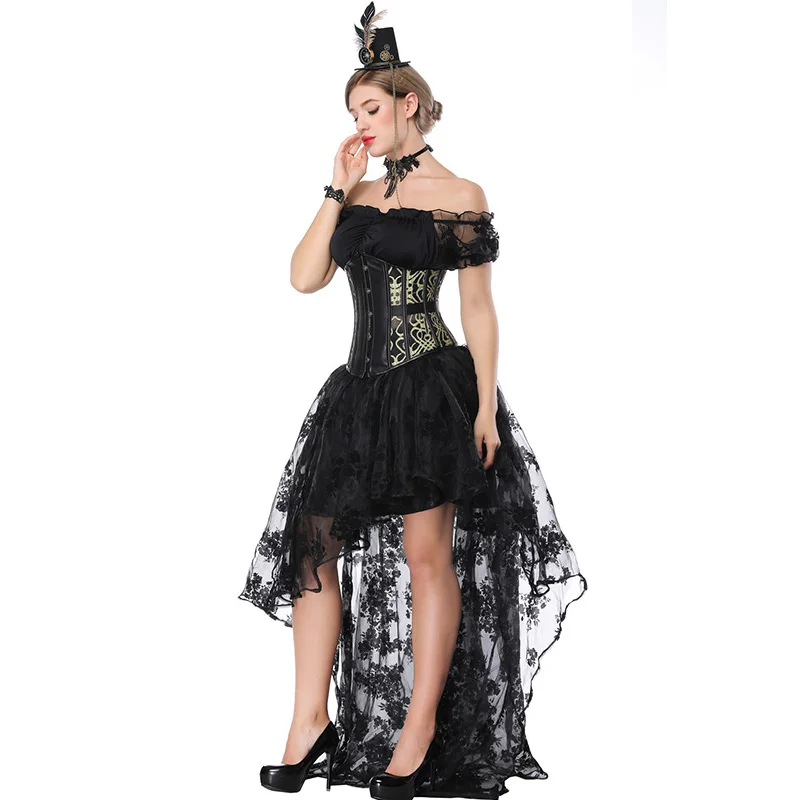 Women Sexy Gothic Victorian Steampunk Corset Dress Leather Overbust Corsets And Bustiers Lace Black Wedding Party Corset Dress (5)